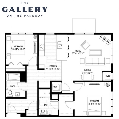 Floor plan for 2 beds, 2 baths, 1124 sqft